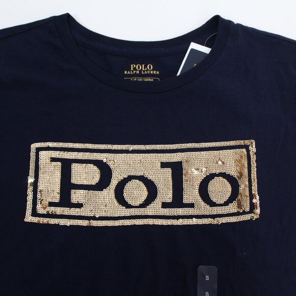 NWT Polo Ralph Lauren Gold Sequin POLO Logo Womens Navy Cotton T-Shirt, Small - Picture 3 of 10